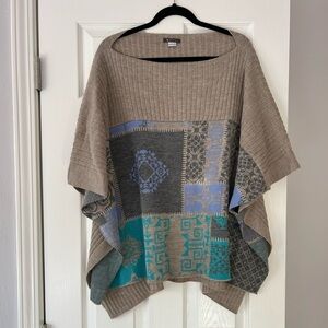SOL Baby Alpaca Patchwork Knit Poncho Sweater - Beige and Teal
